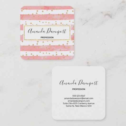 Roze Blush Stripes met Faux Gold Confetti Vierkante Visitekaartje (Voorkant / Achterkant)