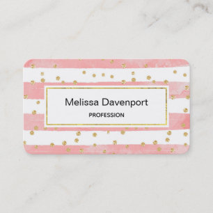 Roze Blush Stripes met Faux Gold Confetti Visitekaartje