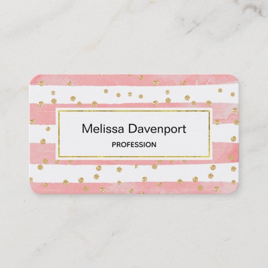Roze Blush Stripes met Faux Gold Confetti Visitekaartje (Voorkant)