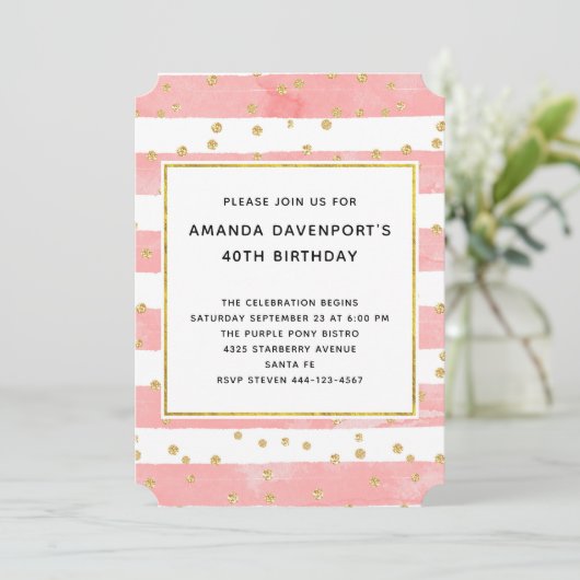 Roze Blush Stripes met Gold Confetti Birthday Kaart (Staand voorkant)