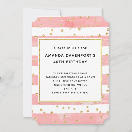 Roze Blush Stripes met Gold Confetti Birthday Kaart (Voorkant)