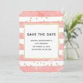 Roze Blush Stripes met Gold Confetti Birthday Save The Date (Staand voorkant)