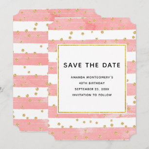Roze Blush Stripes met Gold Confetti Birthday Save The Date