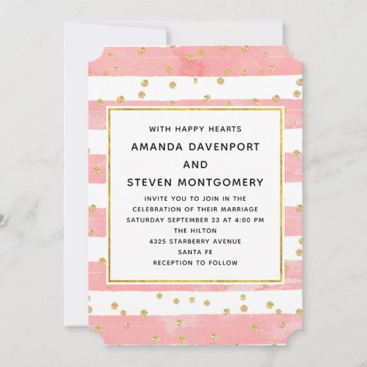Roze Blush Stripes met Gold Confetti Wedding Kaart (Voorkant)