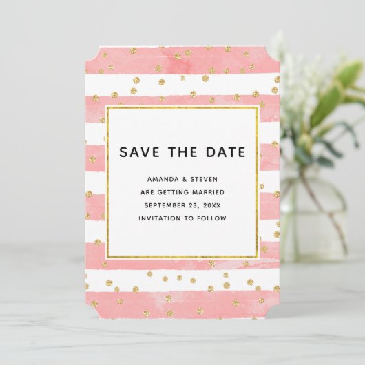 Roze Blush Stripes met Gold Confetti Wedding Save The Date (Staand voorkant)