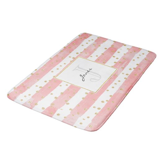 Roze Blush Stripes | Monogram Faux Gold Confetti Badmat (Gekanteld)