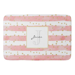 Roze Blush Stripes   Monogram Faux Gold Confetti Badmat