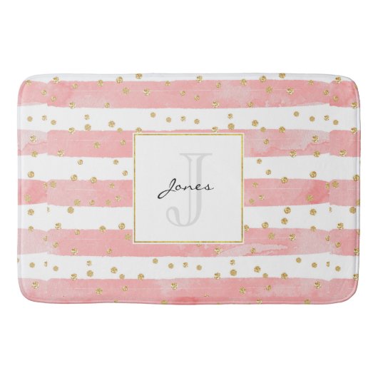Roze Blush Stripes | Monogram Faux Gold Confetti Badmat (Voorkant)