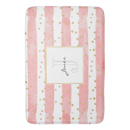 Roze Blush Stripes | Monogram Faux Gold Confetti Badmat (Voorkant Verticaal)