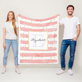 Roze Blush Stripes | Monogram Faux Gold Confetti Fleece Deken