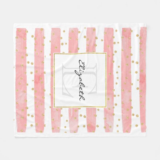 Roze Blush Stripes | Monogram Faux Gold Confetti Fleece Deken (Voorkant (Horizontaal))