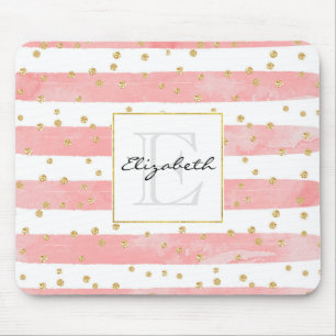 Roze Blush Stripes   Monogram Faux Gold Confetti Muismat
