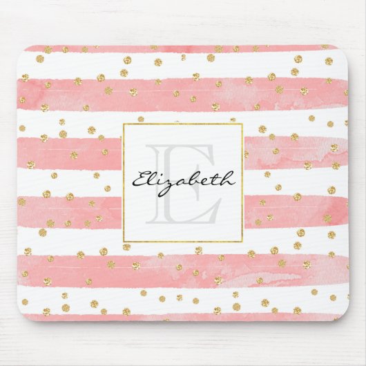 Roze Blush Stripes | Monogram Faux Gold Confetti Muismat (Voorkant)
