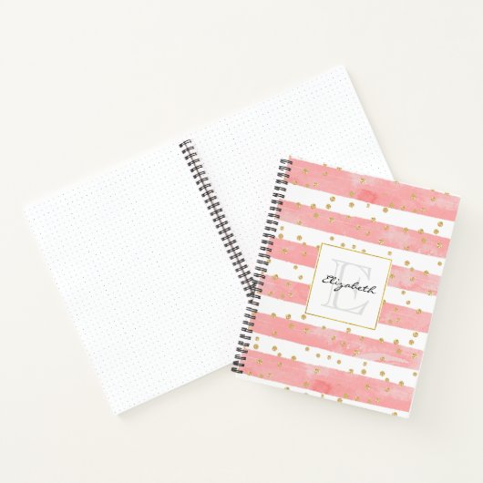 Roze Blush Stripes | Monogram Faux Gold Confetti Notitieboek (Binnen)