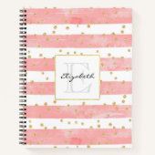 Roze Blush Stripes | Monogram Faux Gold Confetti Notitieboek (Voorkant)
