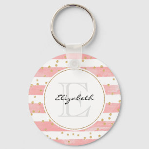 Roze Blush Stripes Monogram Faux Gold Confetti Sleutelhanger