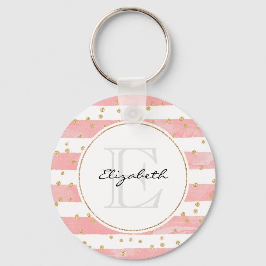 Roze Blush Stripes | Monogram Faux Gold Confetti Sleutelhanger (Voorkant)