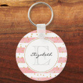 Roze Blush Stripes | Monogram Faux Gold Confetti Sleutelhanger (Voorkant)