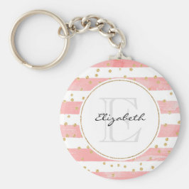 Roze Blush Stripes | Monogram Faux Gold Confetti Sleutelhanger