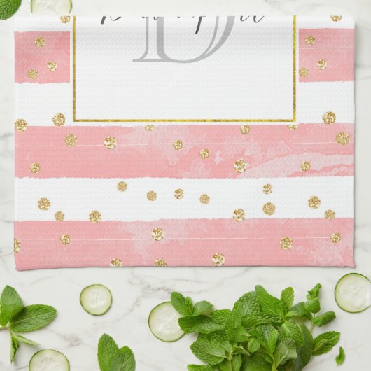Roze Blush Stripes | Monogram Faux Gold Confetti Theedoek (Gevouwen)