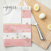 Roze Blush Stripes | Monogram Faux Gold Confetti Theedoek (Quarter Fold)
