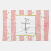 Roze Blush Stripes | Monogram Faux Gold Confetti Theedoek (Horizontaal)