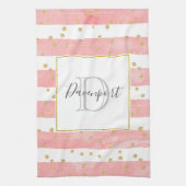 Roze Blush Stripes | Monogram Faux Gold Confetti Theedoek (Verticaal)