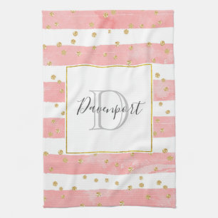 Roze Blush Stripes   Monogram Faux Gold Confetti Theedoek
