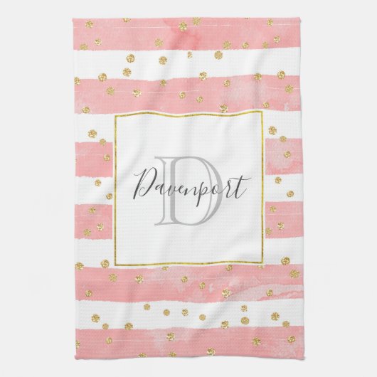 Roze Blush Stripes | Monogram Faux Gold Confetti Theedoek (Verticaal)