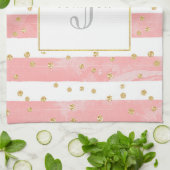 Roze Blush Stripes | Monogram Faux Gold Confetti Theedoek (Gevouwen)