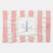 Roze Blush Stripes | Monogram Faux Gold Confetti Theedoek (Horizontaal)