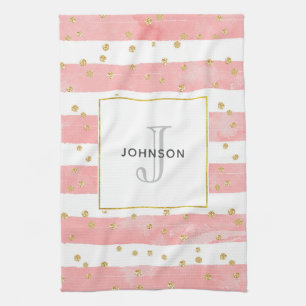 Roze Blush Stripes   Monogram Faux Gold Confetti Theedoek