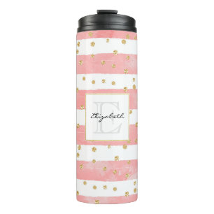 Roze Blush Stripes   Monogram Faux Gold Confetti Thermosbeker