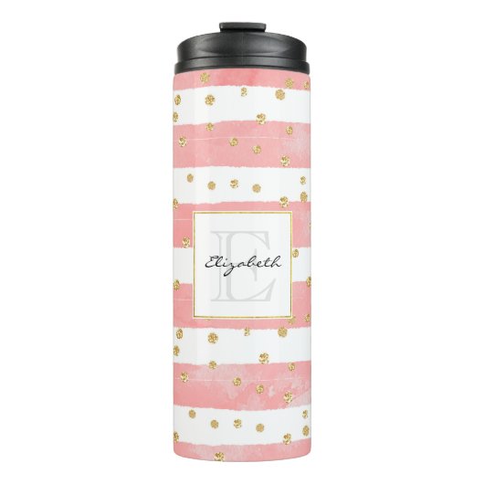 Roze Blush Stripes | Monogram Faux Gold Confetti Thermosbeker (Voorkant)