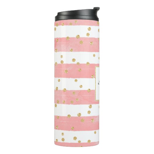 Roze Blush Stripes | Monogram Faux Gold Confetti Thermosbeker (Gedraaid links)
