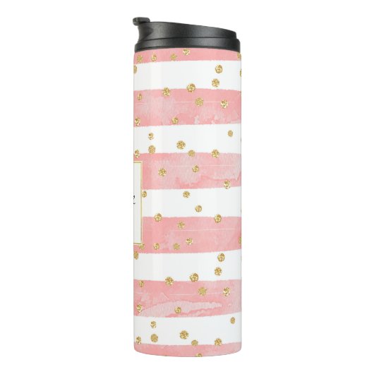 Roze Blush Stripes | Monogram Faux Gold Confetti Thermosbeker (Geroteerd rechts)