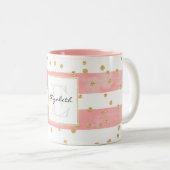Roze Blush Stripes | Monogram Faux Gold Confetti Tweekleurige Koffiemok (Voorkant rechts)