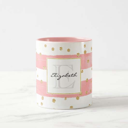 Roze Blush Stripes | Monogram Faux Gold Confetti Tweekleurige Koffiemok (Center)