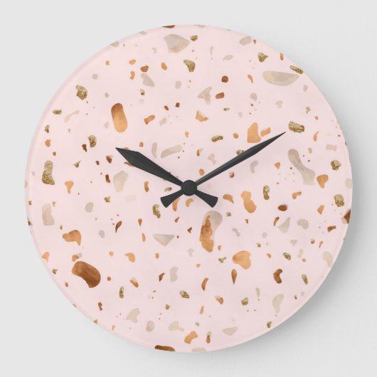 Roze Blush Terrazzo met gouden kopervlekken Grote Klok (Voorkant)