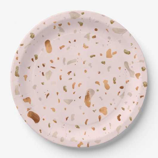 Roze Blush Terrazzo met gouden kopervlekken Papieren Bordje (Voorkant)