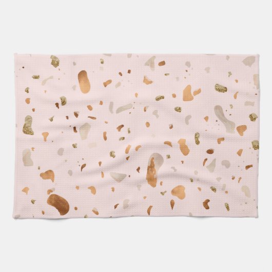 Roze Blush Terrazzo met gouden kopervlekken Theedoek (Horizontaal)
