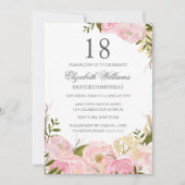 Roze Blush Waterverf Bloemen 18e Verjaardag Uitnod Kaart (Voorkant)