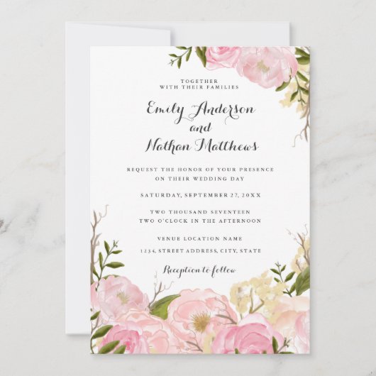 Roze Blush Waterverf Bloemen Bruiloftsinvitaties Kaart (Voorkant)
