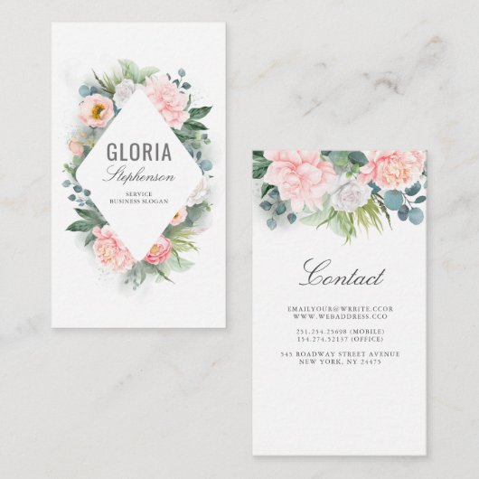Roze Blush Waterverf Bloemen en groen Lijst Visitekaartje (Voorkant / Achterkant)
