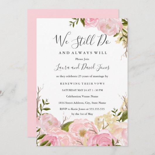 Roze Blush Waterverf Bloemen Gelofte Vernieuwing U Kaart (Voorkant / Achterkant)