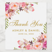 Roze Blush Waterverf Bloemen Goud Bruiloft Wijn Etiket (Enkel label)