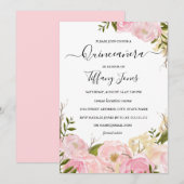 Roze Blush Waterverf Bloemen Quinceanera Invite Kaart (Voorkant / Achterkant)