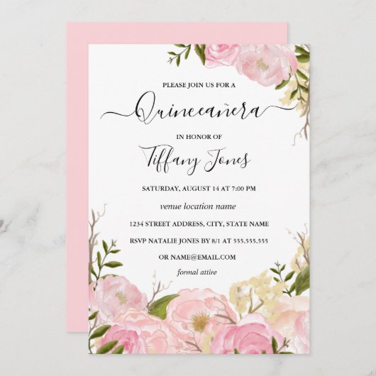 Roze Blush Waterverf Bloemen Quinceanera Invite Kaart (Voorkant / Achterkant)