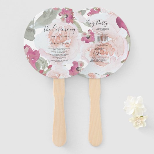 Roze Blush Waterverf Bloemen Trouwprogramma Handwaaier (Voorkant en achterkant)