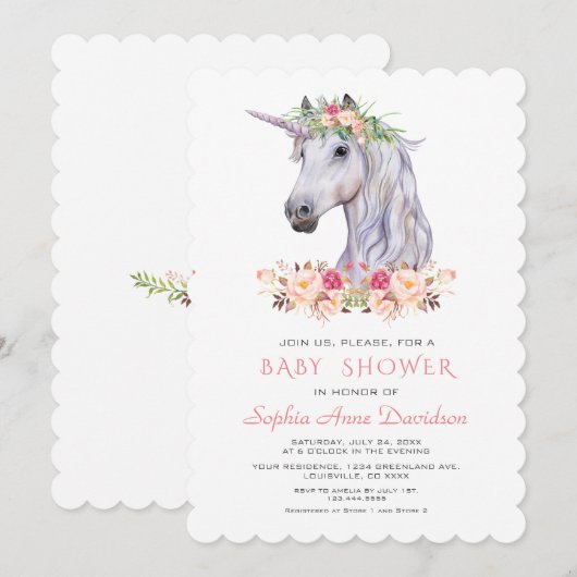 Roze Blush Waterverf Eenhoorn Meisje Baby Shower Kaart (Voorkant / Achterkant)